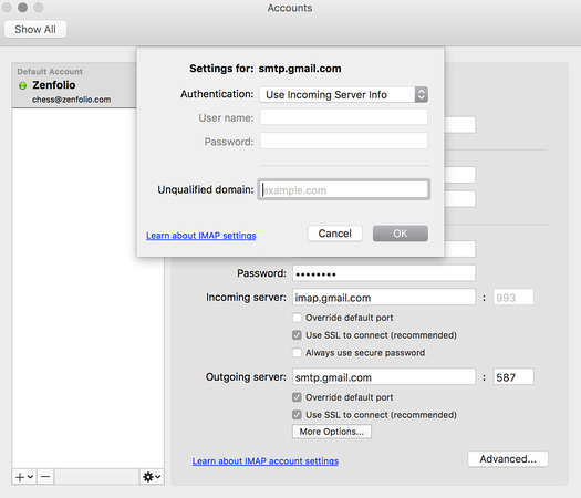 Gmail Imap SMTP Authentication setting